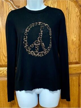 Zadig & Voltaire Black 100% Cashmere Leopard Peace Sign Sweater Size S Warm Cozy